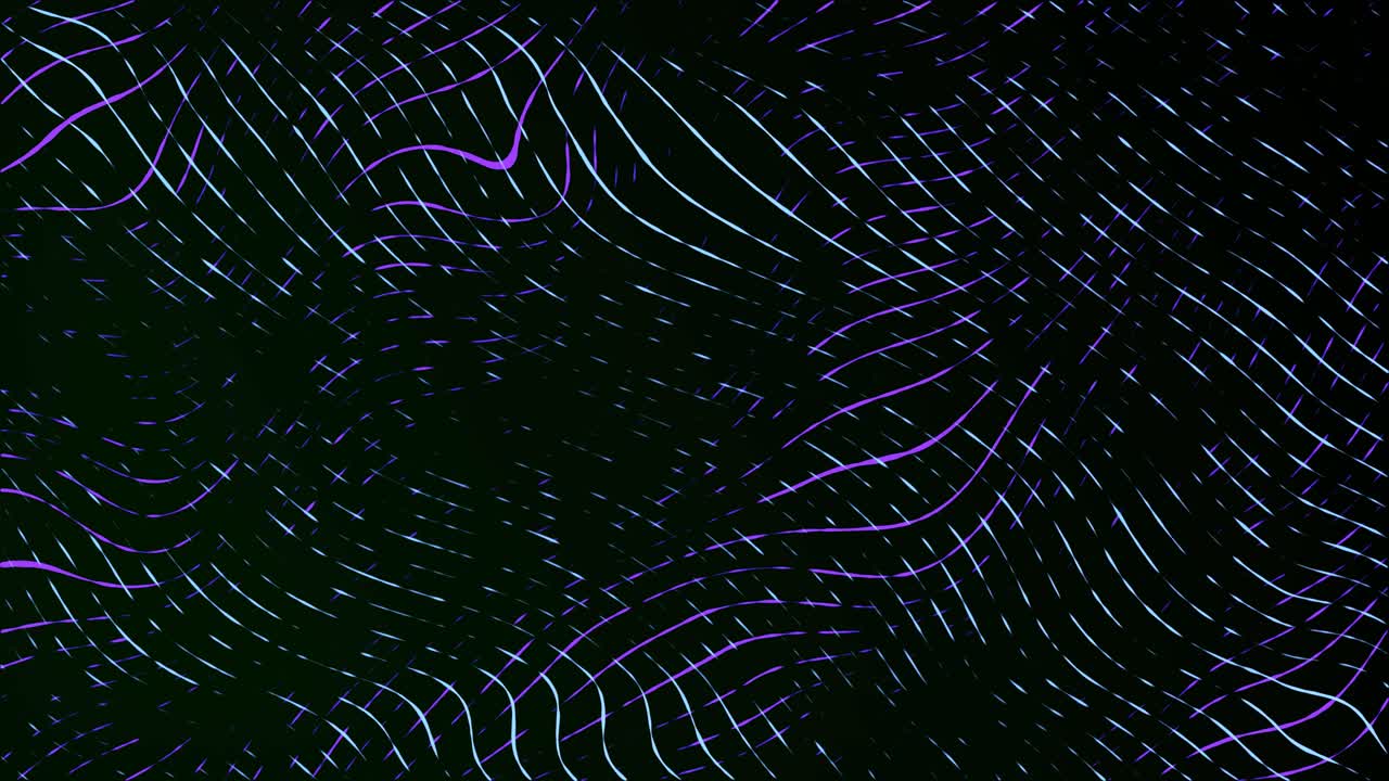 Moving neon swirling lines with wave warp effects patchwork glowing pattern design on a dark gradient background dynamic abstract motion graphics textured overlay colour way light blue purple