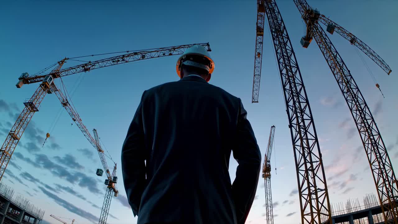 Low-angle shot of a suited man with a helmet, observing cranes at a construction site during sunset