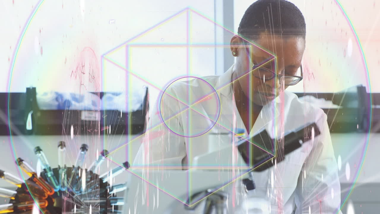 animación de interferencia con formas y tubos de ensayo sobre científica afroamericana