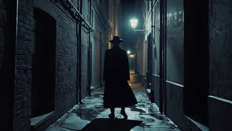 Silhouetted Figure in a Dark, Wet Alleyway at Night