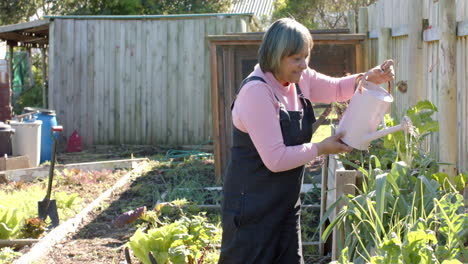 Happy-senior-biracial-woman-watering-plants-in-sunny-garden,-slow-motion,-copy-space