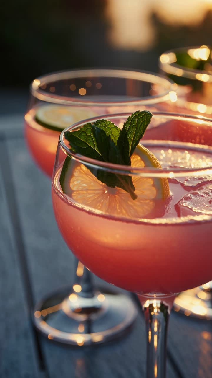 Close-up of vibrant pink cocktails with lime and mint, shot at sunset