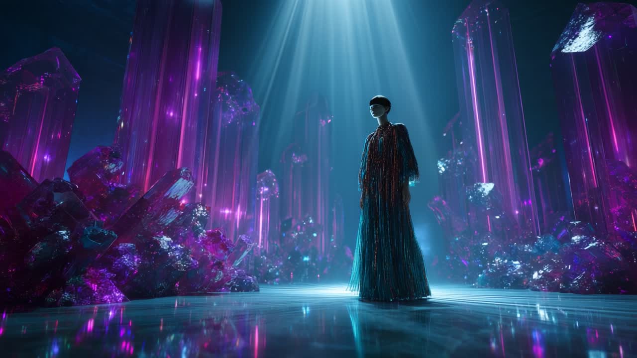 A dazzling figure stands amidst a stunning array of vibrant crystal formations illuminated by ethereal light, creating a captivating and surreal atmosphere brimming with creativity