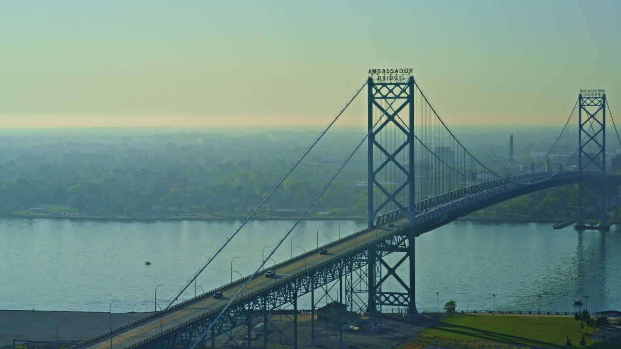 Drone footage gliding over the Ambassador Bridge linking Canada and the United States
