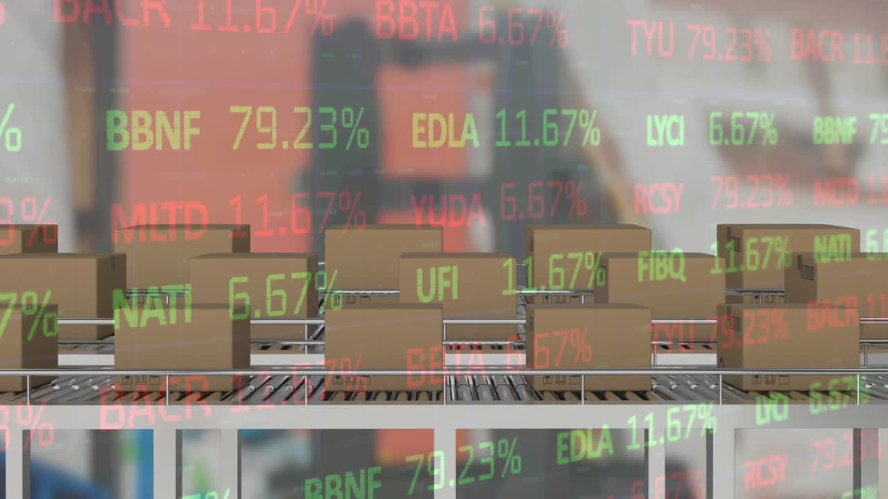 컨베이어 벨트에 있는 카드보드 상자 위에서 금융 데이터 처리의 애니메이션