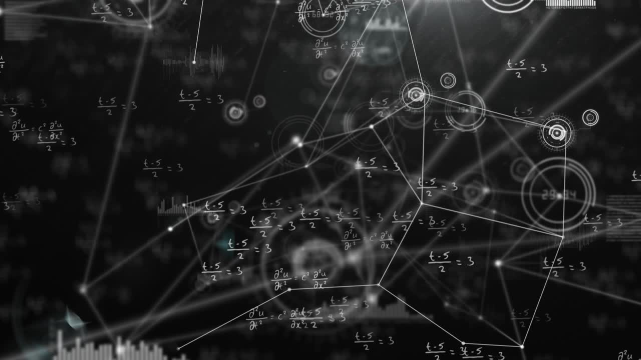 Animation of mathematical equations and numbers on black background