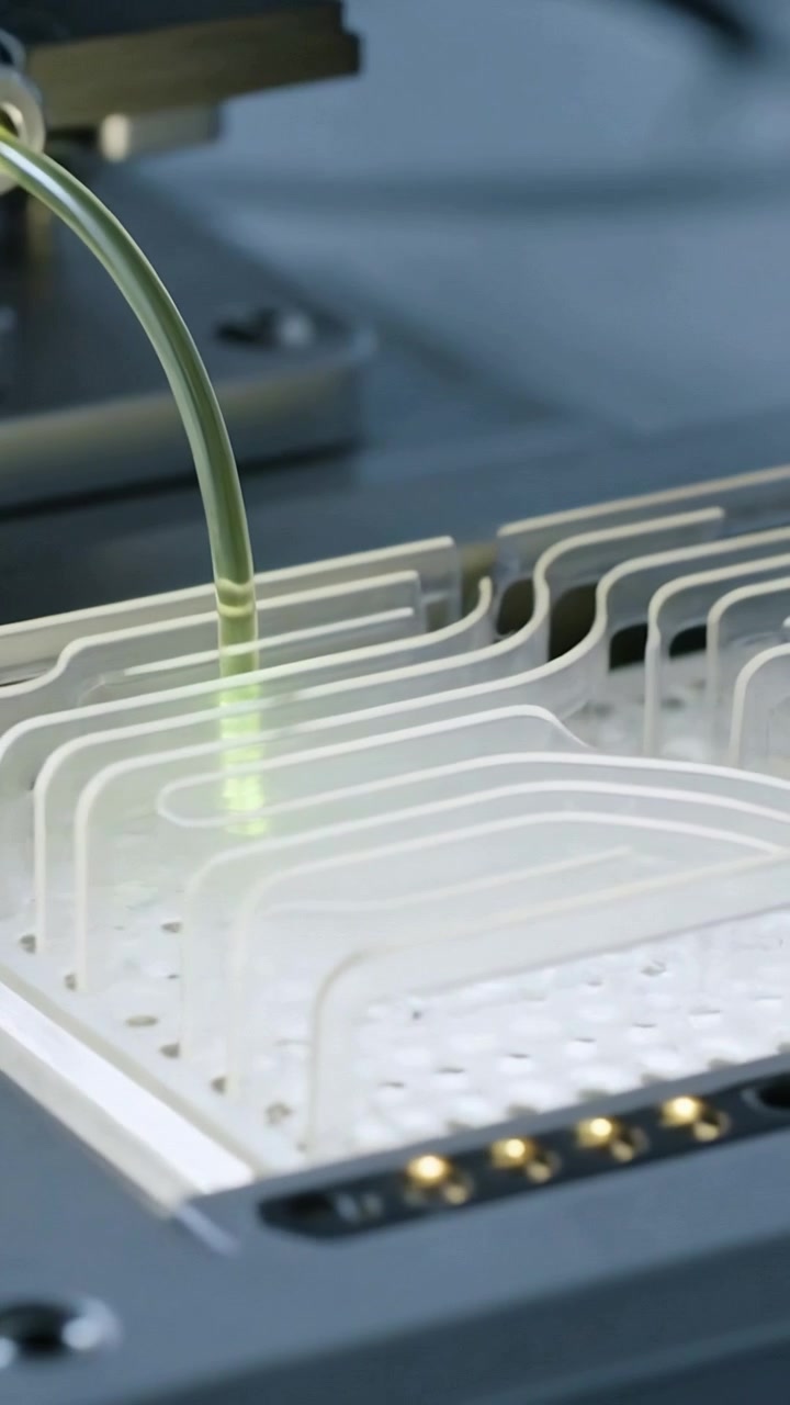 Vertical video: Flow starting nozzle feeding green fluid into cartridge channels on bench for assay