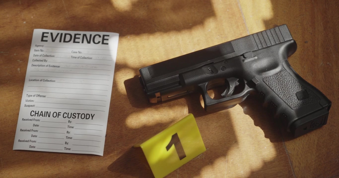 A slow top-down pan reveals a yellow police evidence marker beside a handgun in a staged cinematic crime investigation scene.