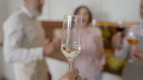 group of cheerful senior friends toasting with glasses of wine in the kitchen