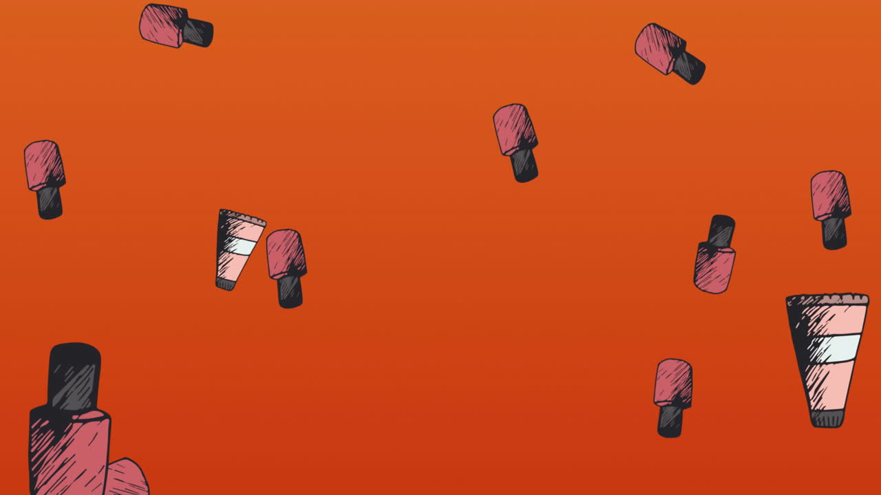 animación de iconos de esmalte de uñas sobre fondo rojo