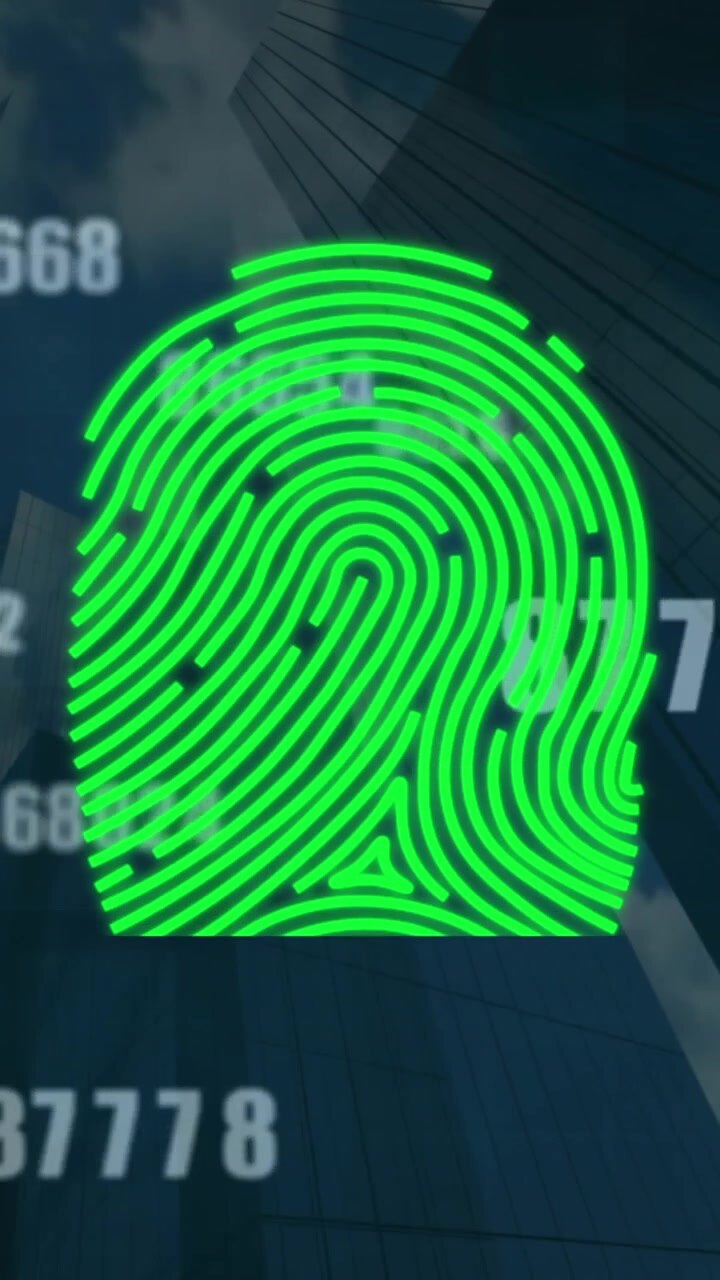 Animation of scanning fingerprint, changing numbers, low angle view of buildings against cloudy sky
