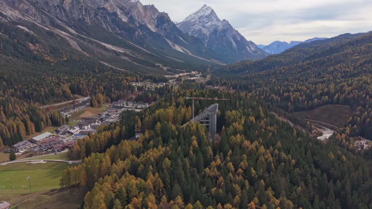 Renovation works on historic ski jump in Cortina d'Ampezzo, autumn Italy