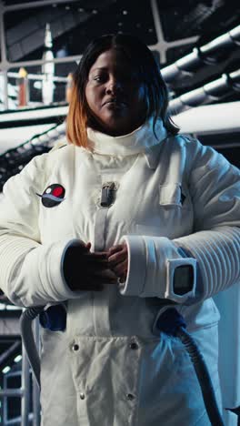 vertical video astronaut using tablet to check analytics after completing mars mission