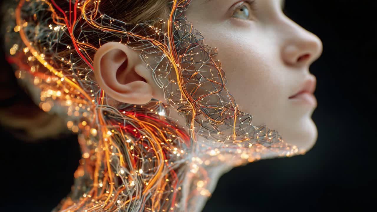 A stunning transformation showcasing a futuristic visage, integrating human beauty with intricate neural-like circuitry, illuminated with glowing lines and ethereal patterns