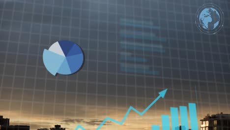 animación del procesamiento de datos financieros sobre el paisaje urbano