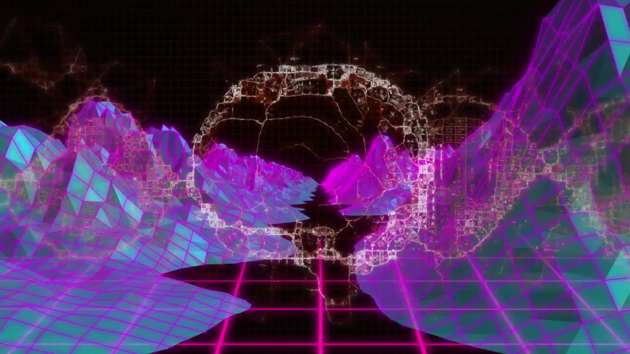 검은 바탕에 디지털 산 위에 디지털 뇌의 애니메이션