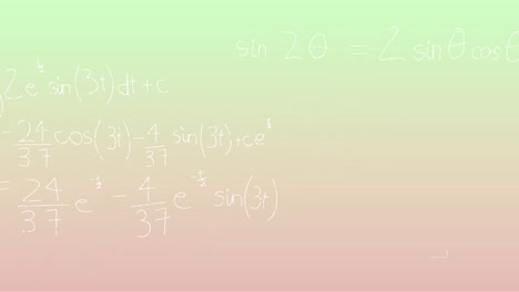 Animation-of-handwritten-mathematical-formulae-over-green-to-pink-background