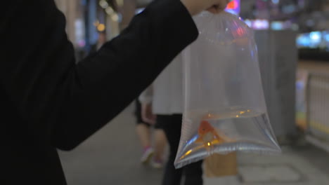 woman with fish in plastic bag on city street