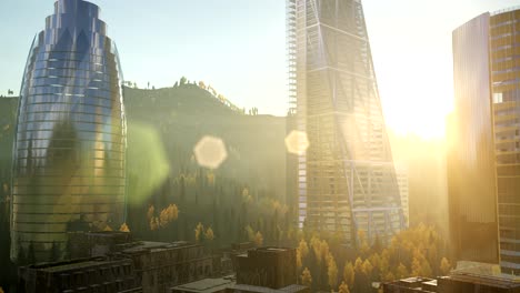 city skyscrapes with lense flairs at sunset