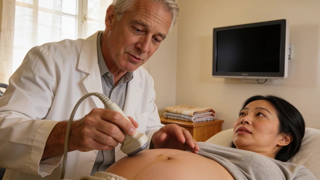 Medico che entra e posiziona la sonda ecografica, scansionando il ventre di una donna incinta in clinica, controllando il feto, camice bianco