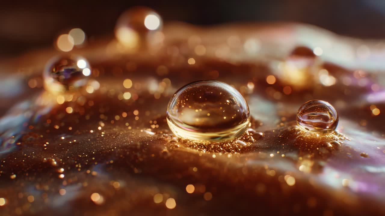 Captivating Close-Up of Liquid Droplets on a Glossy Surface, Showcasing Reflections, Bokeh Effects, and Vibrant Color Play in an Artistic Composition
