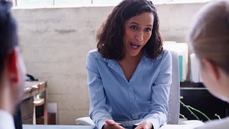 young businesswoman meeting with a couple in her office