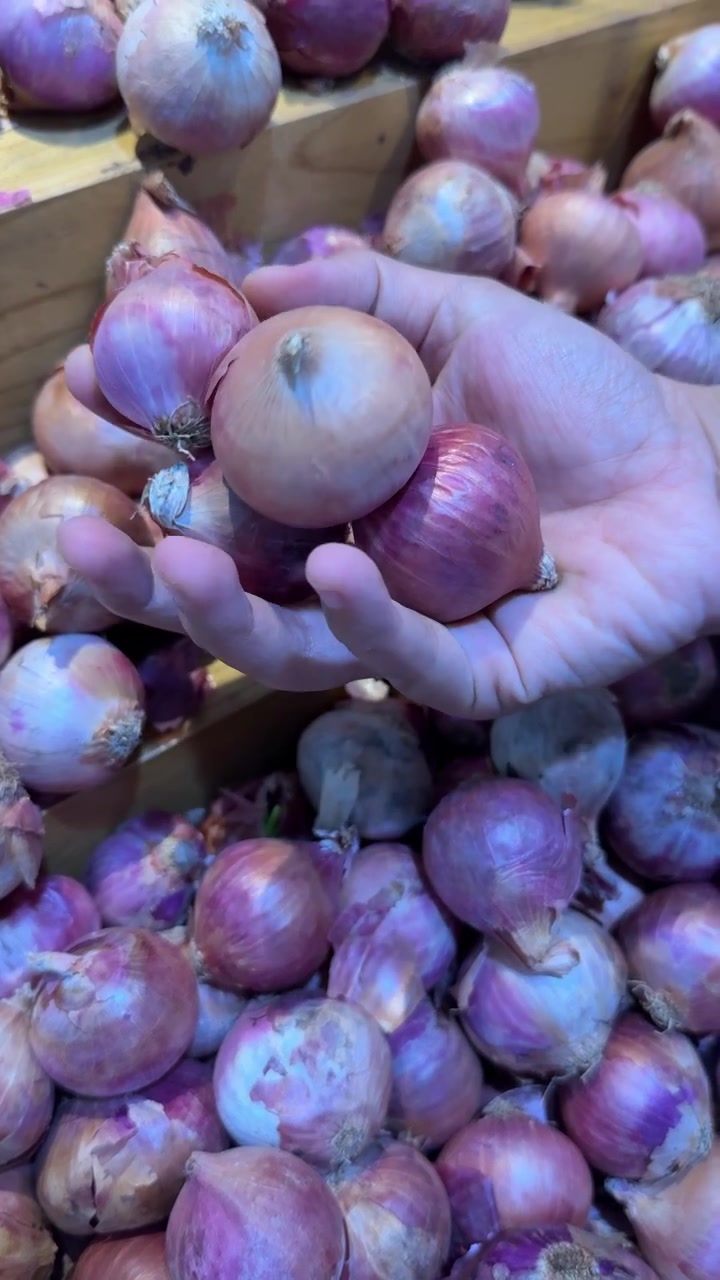 Selezione manuale di scalogni rossi freschi in un negozio di alimentari
