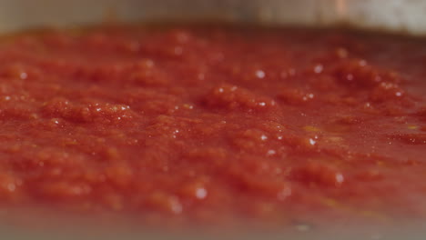 fotografía macro deslizante en primer plano de la salsa de tomate italiana fresca utilizada para hacer la pizza tradicional