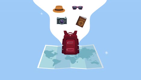 world tourism day animation with travelbag and paper map