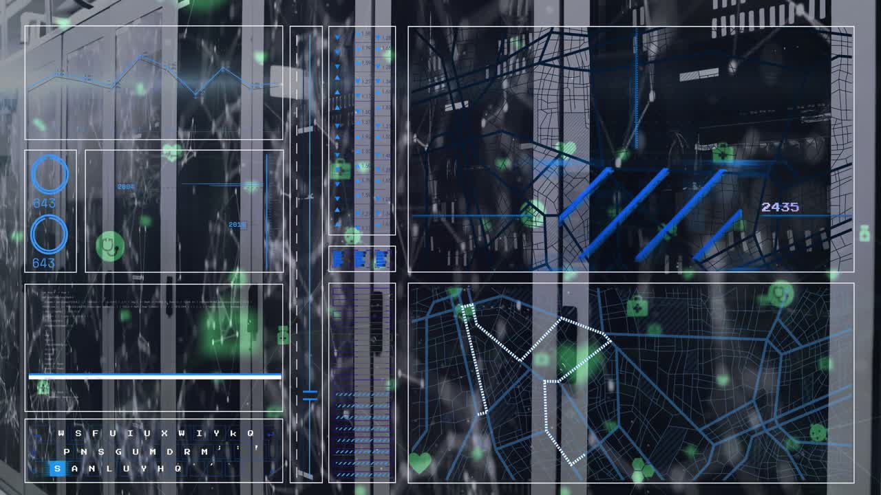 Animation of interface with data processing and network of digital icons over computer server room