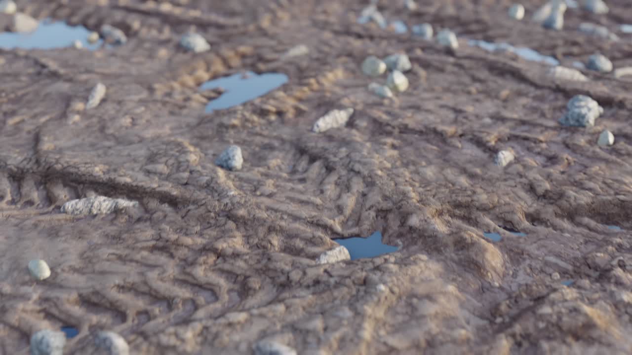 자동차 타이어 흔적과 함께 건조한 진,, 플라이오버, 3d 애니메이션, 루프, 고품질 4k 영상