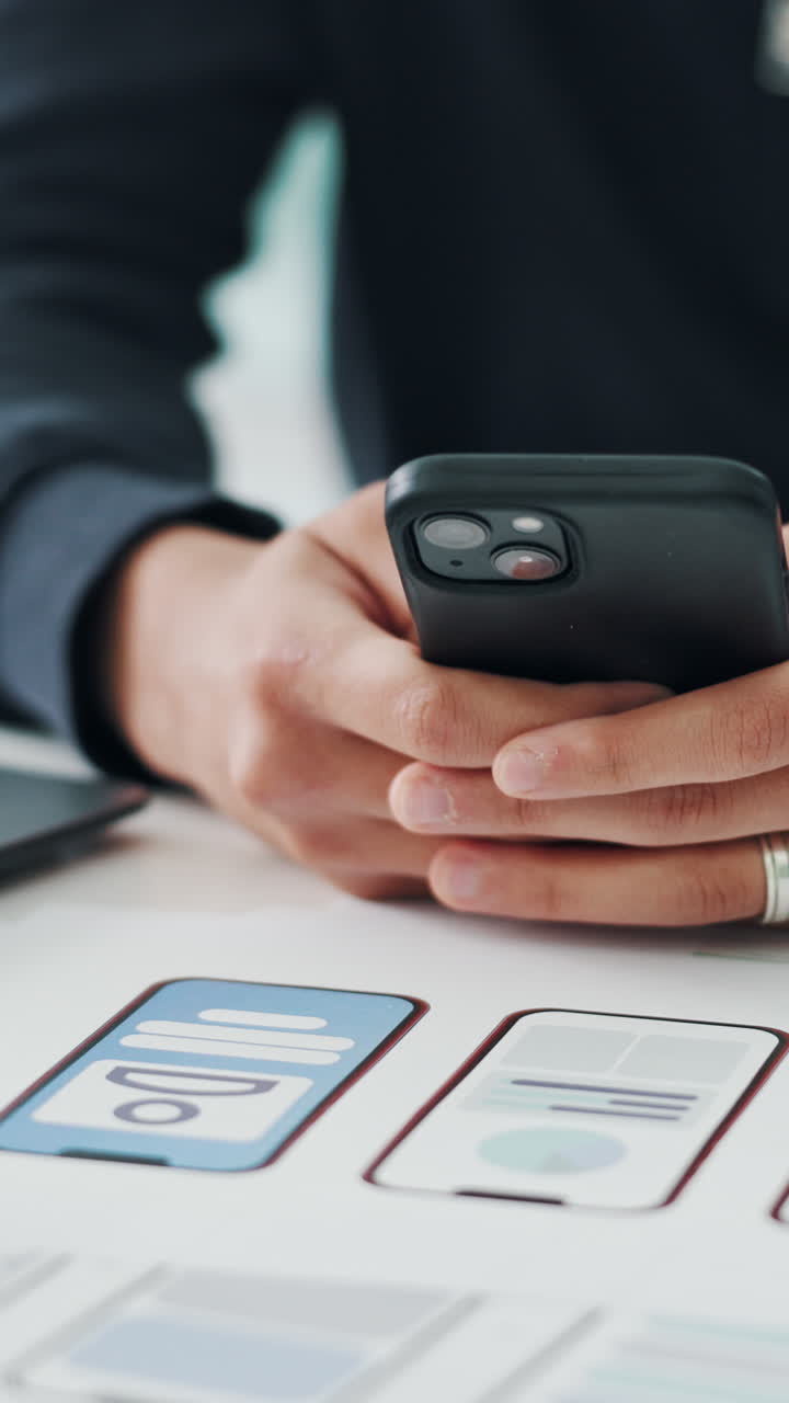 Close-up of Hands Using Smartphone with UI Design Mockups