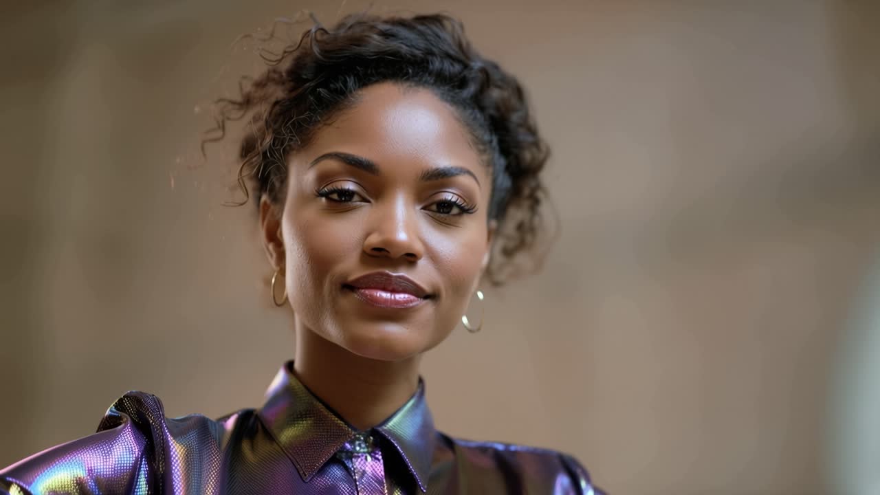 Mulher olha para cima com expressão serena. Ela veste uma camisa cintilante e iridescente. A iluminação suave realça seu cabelo cacheado e rosto calmo. Sua pose sugere confiança tranquila e introspecção.