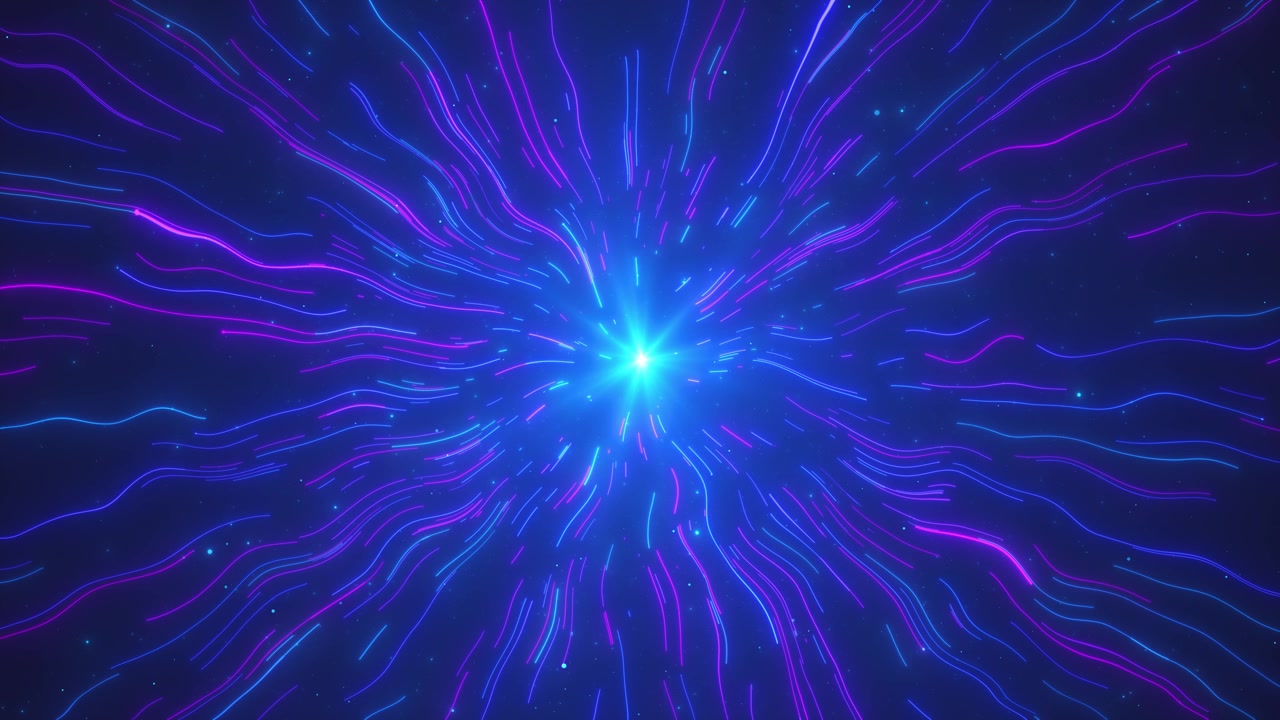 Blue purple neon burst background glowing curved lines bright center flare energetic space motion