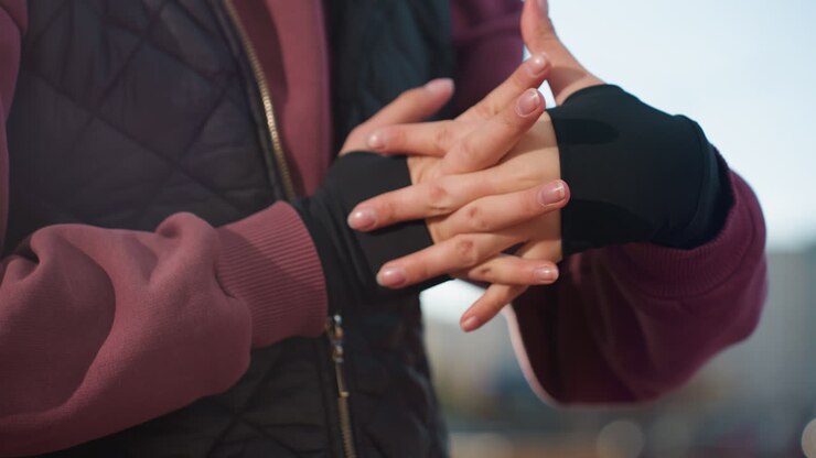 Hand view of female figure wearing black gloves rolling hands gently in outdoor urban setting with soft sunlight highlighting texture and movement for warm up sensory relaxation routine session