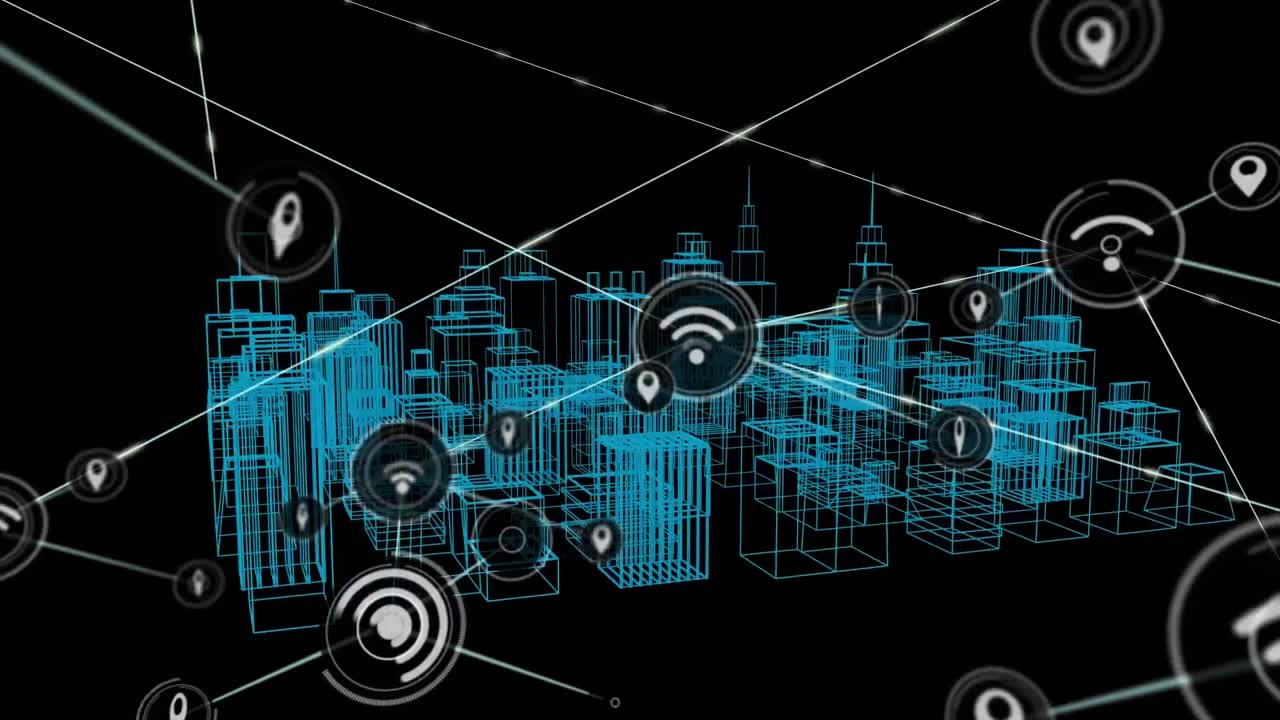 Animation of network of connections with icons over 3d cityscape drawing on black background
