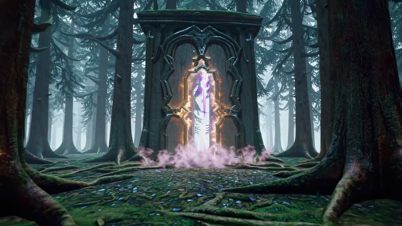 un portal misterioso en un bosque de niebla