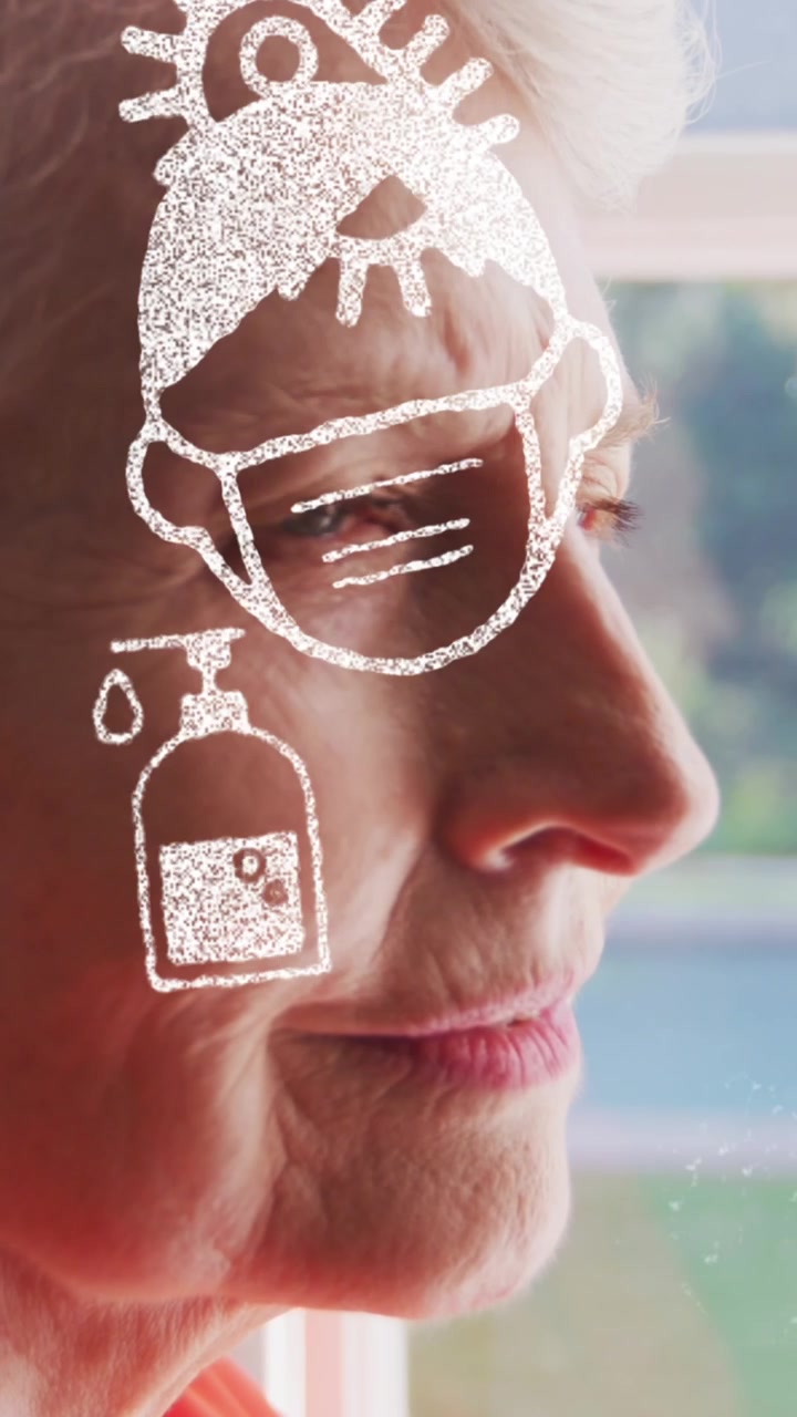 Animation of virus, mask, sanitizers icons moving over caucasian senior woman looking away
