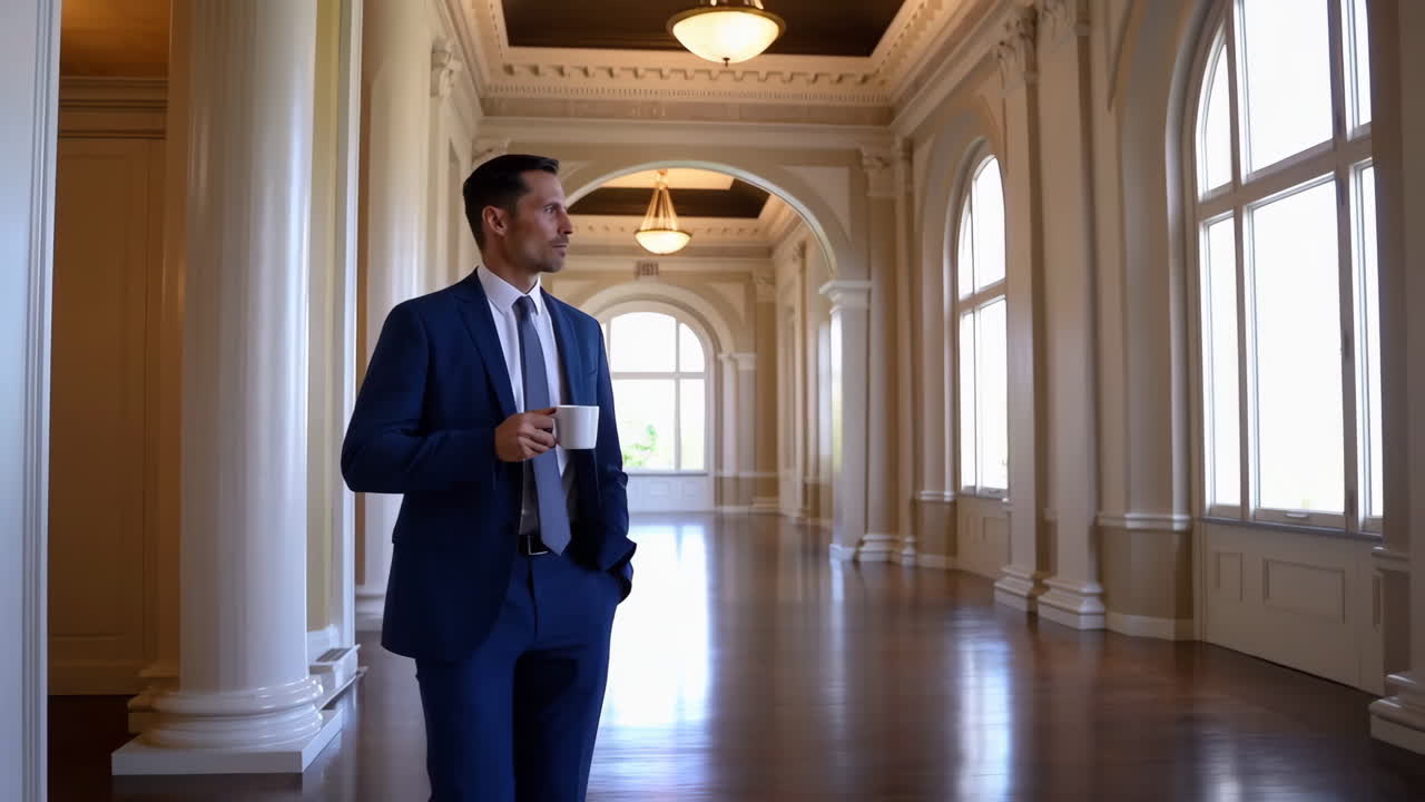 Professional man in blue suit holding a cup in an elegant hallway