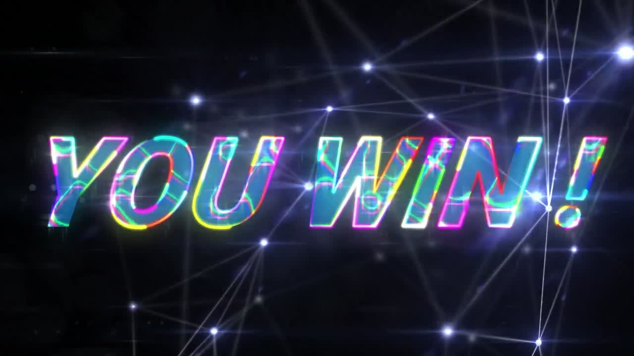 다채로운 애니메이션은 검은색 배경에 연결된 점 위에 텍스트를 얻습니다.