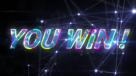 animación de multicolor usted gana texto sobre puntos conectados contra fondo negro