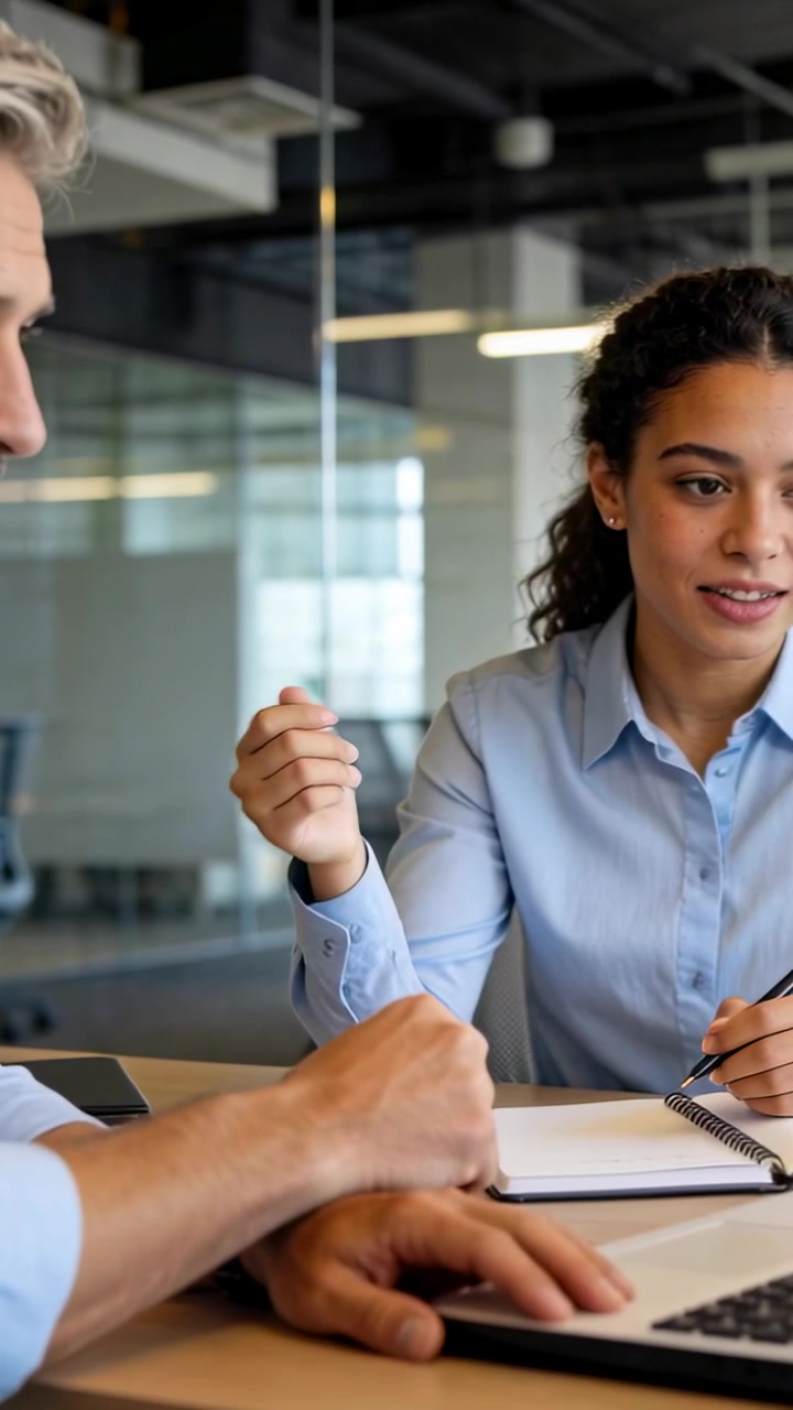 Vertical video: Following male pointing, woman in blue shirt taking notes at meeting table