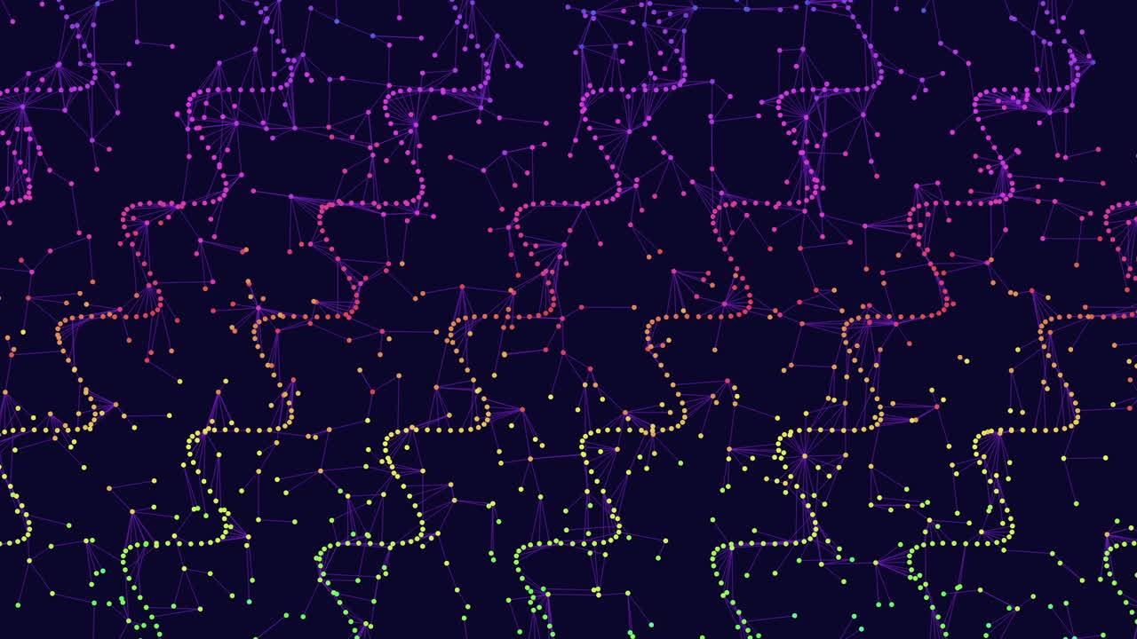 Vibrant lines in purple, blue, red, and yellow with scattered dots form a zigzag pattern on a dark background in this colorful and dynamic image