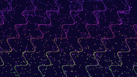vibrant lines in purple, blue, red, and yellow with scattered dots form a zigzag pattern on a dark background in this colorful and dynamic image