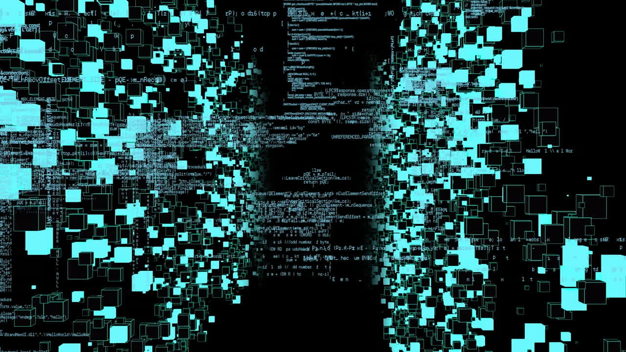 Animation of data processing and network of connections on black background