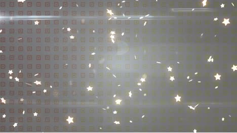 Animation-of-glowing-stars-falling-over-beams-of-light-and-grid-pattern-on-grey-background