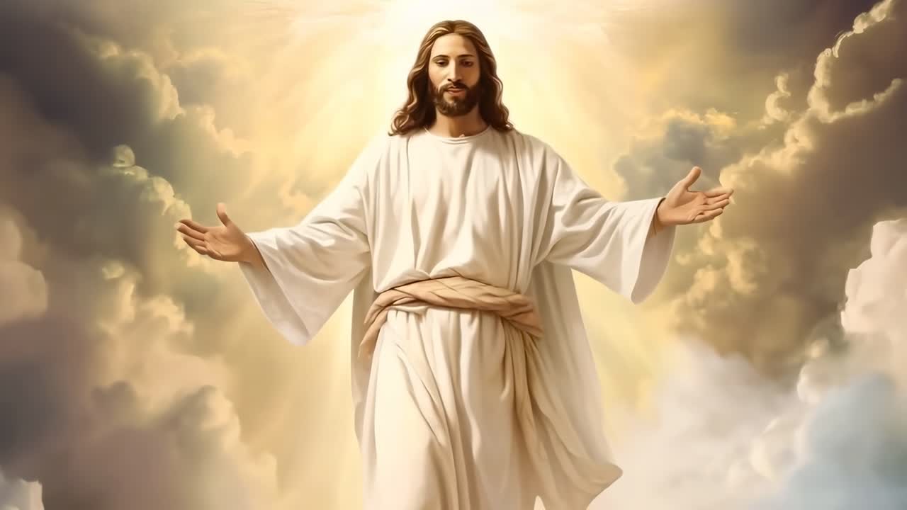 A divine figure in white robes, arms open, surrounded by clouds and light