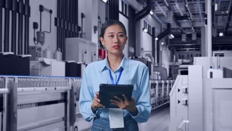 asian female with her tablet with water production in bottling factory, she observes by looking around before she come to concentrating with her tablet