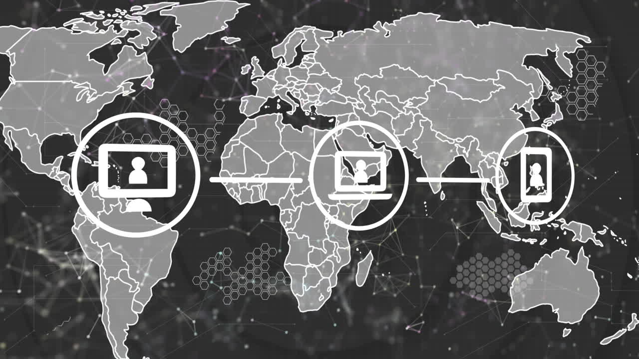 회색 배경에 대한 세계 지도 위의 디지털 아이콘 네트워크의 애니메이션