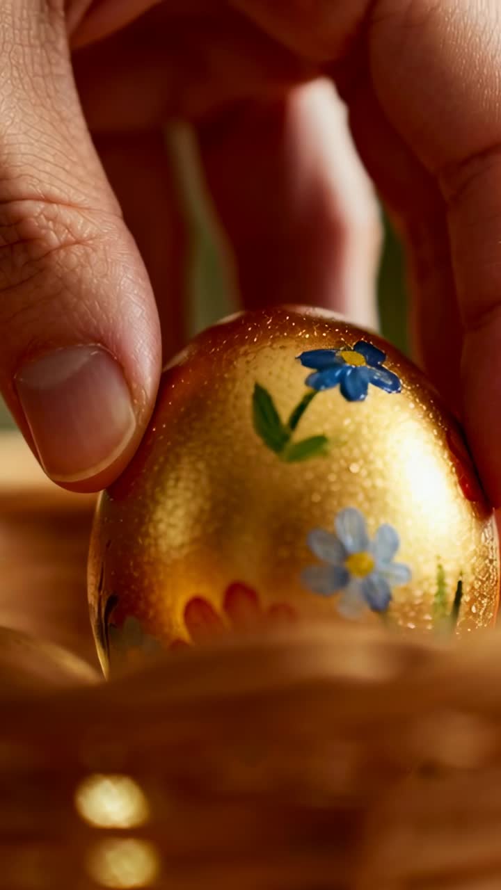 Lifting fingertips pinching and rotating gold-painted floral egg on tabletop, with wicker basket